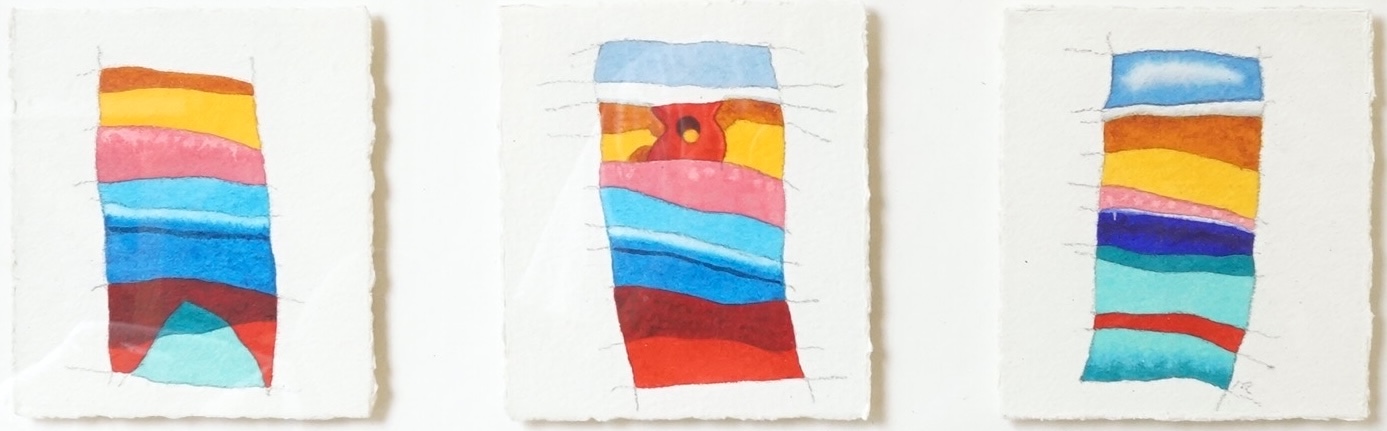 Sri Lankan School, three untitled abstracts, framed as one, indistinctly signed and dated 2006 verso, watercolours, each 14 x 11cm
